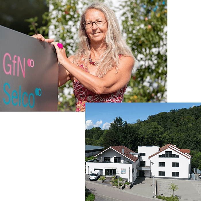 Oben: Michèle Lindner, Gründerin KBM - Unten: Firmengebäude